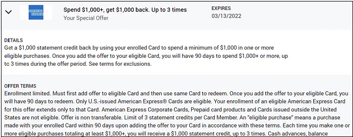 Amex 1000 off 1000